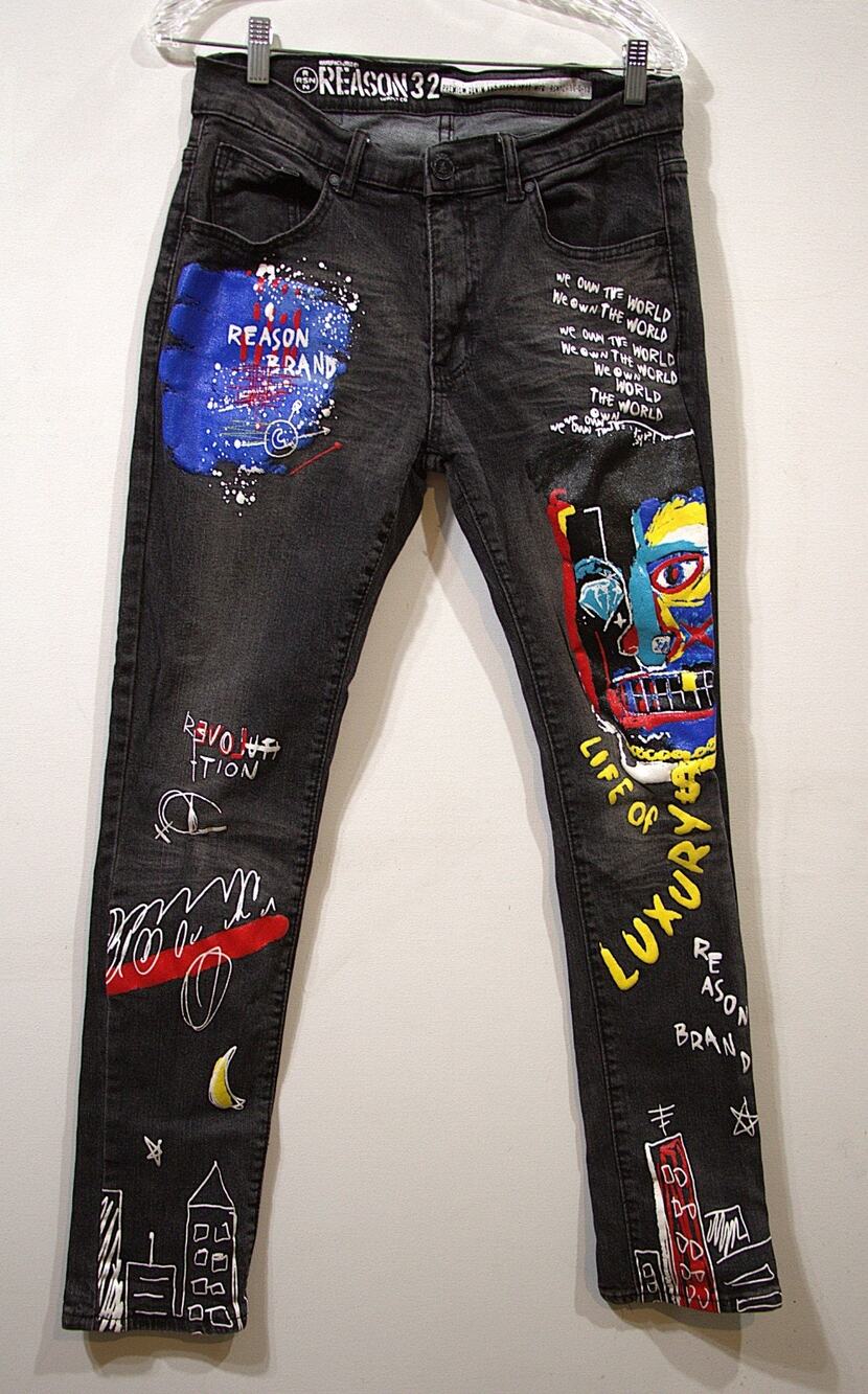 Reason Brand Men’s Graffiti Jeans Size 32 Black Denim Streetwear Art Pants